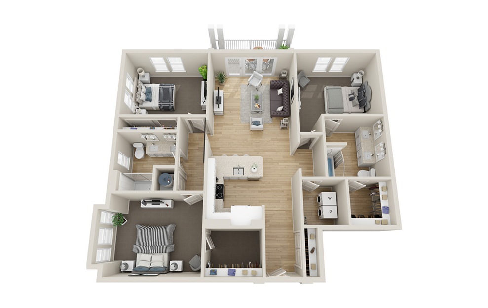 B3 - 3 bedroom floorplan layout with 2 baths and 1400 square feet.