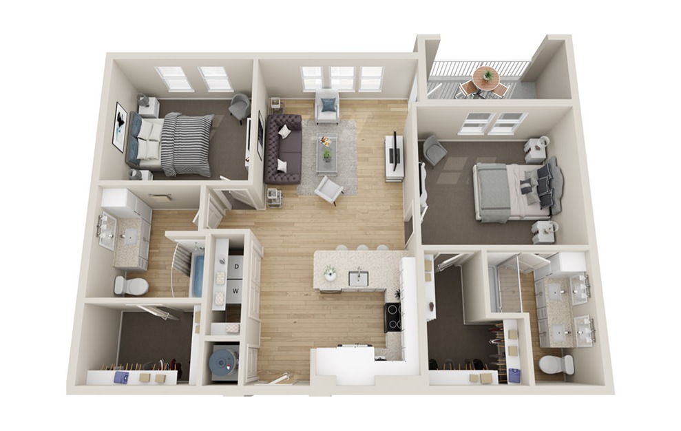 B2 - 2 bedroom floorplan layout with 2 baths and 1155 square feet.